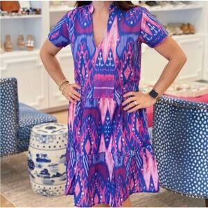 La Plage Alison Blue Pink Ikat Cotton Pocket Dress Women’s Large